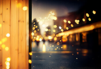 A blurred view of a city street at night, seen through a window with string lights, creating a warm and festive atmosphere.