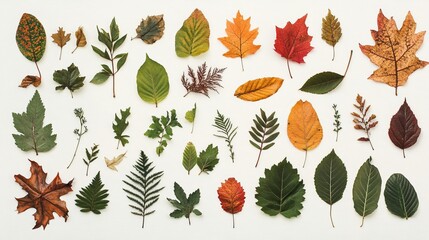 Obraz premium An assortment of leaves from diverse trees, artistically placed on a clean white canvas to highlight their unique characteristics