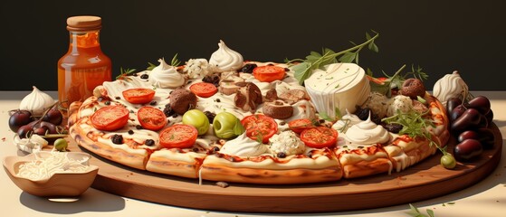 Gourmet Pizza with Fresh Ingredients on Wooden Board