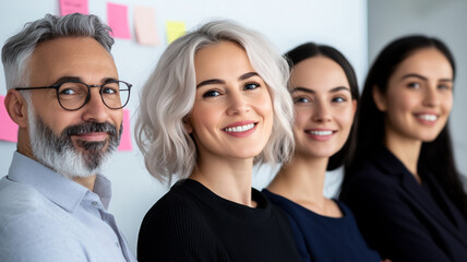 Obraz premium Diverse group of professionals smiling confidently, posing together in a modern office environment, representing teamwork and collaboration.