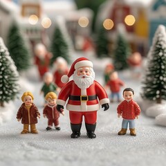 A festive scene featuring a cheerful Santa Claus surrounded by children in a snowy village setting, evoking holiday spirit and joy.