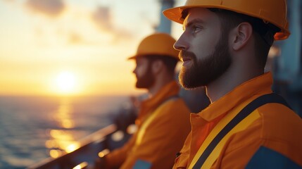 Fototapeta premium Engineers Monitor Operations on Oil Rig at Sunset