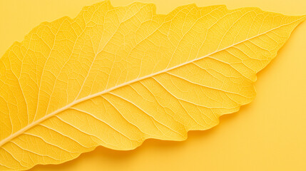 Obraz premium Golden Leaf on Yellow Background: A single, vibrant yellow leaf, illuminated by the sun, rests on a bright yellow background.
