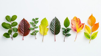 Artistic arrangement of multiple leaves from different trees, displayed on a pristine white background to highlight their diversity