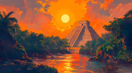 Obraz premium A painting of a pyramid and a river with a sun in the background. Mayan Sun Temple. Illustration