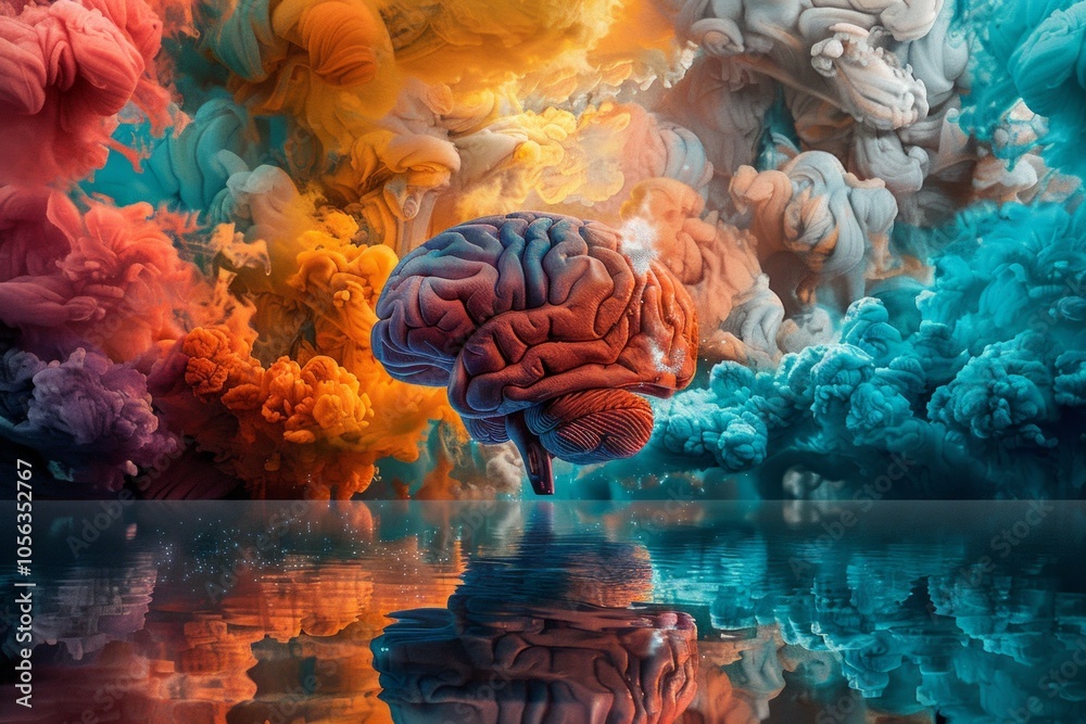Wall mural a human brain emerging from a colorful and abstract nebula, reflected in a still lake. ai generative