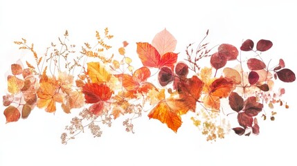 Artistic depiction of autumn leaves and plants on a white background, capturing the essence of the fall season