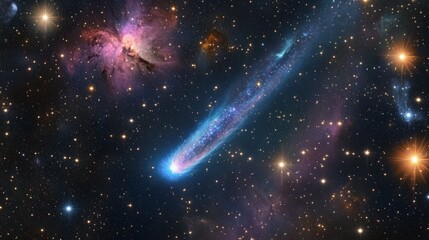 Obraz premium a tail flying radiantly across a starry sky, passing colorful nebulae generative ai