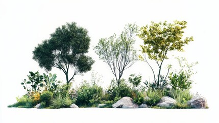 Artistic depiction of outdoor trees and plants with creative elements on a white background