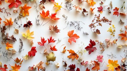 Artistic display of autumn foliage and plant art on a white surface, capturing the essence of the season