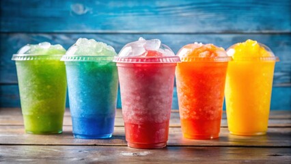 Colorful assortment of refreshing slush drinks in plastic cups, slush, drinks, colorful, assortment, plastic cups