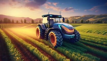 A vibrant tractor plows through lush green fields under a colorful sunset, showcasing modern agricultural technology in a picturesque landscape.