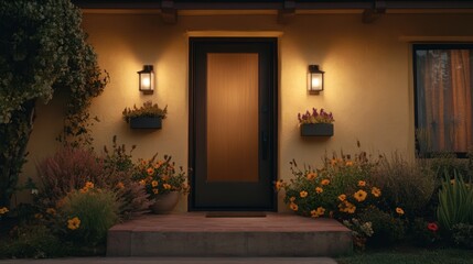 Warm and Inviting Front Door with Flower Garden