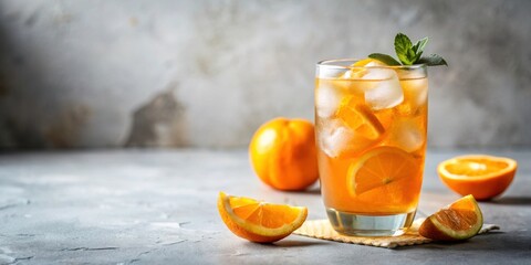 Refreshing orange beverage with ice served in a glass on a light background, orange, beverage, drink, glass, ice, citrus