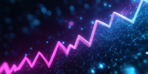 Futuristic Hand Touching Multiple Ascending Arrows, Symbolizing Business Growth and Collaboration in a Digital Business Landscape with a Blue-Purple Palette