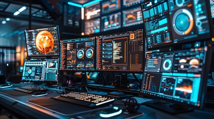 Futuristic Workspace with Multiple Monitors and Data