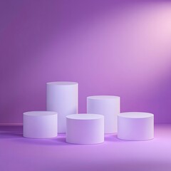 four white podiums stand side by side on the ground ::2 , Light sense, reflection, The background is purple gradient, ultra detailed, ,generative ai