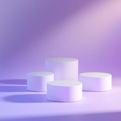 four white podiums stand side by side on the ground ::2 , Light sense, reflection, The background is purple gradient, ultra detailed, ,generative ai
