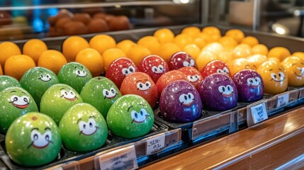 Colorful Desserts with Smiling Faces in a Bakery Display
