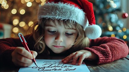 Child writing a letter to Santa, their face filled with hope and excitement as they list their Christmas wishes. . Video