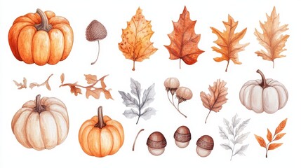 Artistic white backdrop displaying a set of watercolor autumn PNG elements, highlighting detailed cut out leaves, pumpkins, and acorns for a seasonal touch