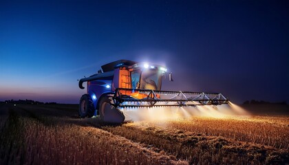 A night-time agricultural scene featuring a modern sprayer working on a field, illuminated by bright lights, showcasing precision farming technology.