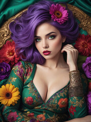 Fototapeta premium Create a mesmerizing digital portrait of a woman with purple hair, floral adornments, and intense gaze, set against a backdrop of vibrant fabrics and dreamlike ambiance.