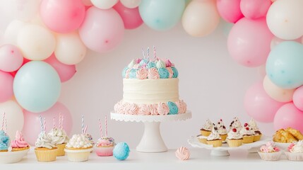 Artistic white backdrop featuring a beautifully adorned birthday cake, colorful balloons, and delicious desserts, capturing the spirit of a birthday event