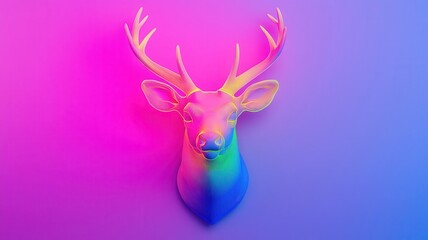 A colorful, stylized deer head mounted against a vibrant, gradient background, showcasing artistic design and modern aesthetics.