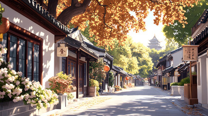 Fototapeta premium Serene beauty of an ancient chinese town woven with golden maple trees and enchanting architecture in a clean vibrant setting