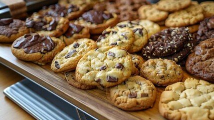 A variety of freshly baked cookies, including chocolate chip and peanut butter, are displayed on a wooden tray