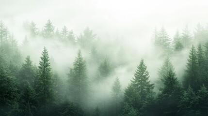 Artistic white backdrop of a tranquil evergreen forest, with mist drifting through the trees, creating a peaceful and serene scene