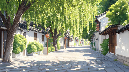 Obraz premium Exploring the serenity of a chinese ancient town adorned with willow trees and charming whitewashed streets