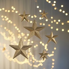 Obraz premium Festive holiday background featuring hanging golden star ornaments and warm, blurred Christmas string lights bokeh.
