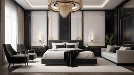 minimalistic stylish interior of luxury apartment with white stylish bedroom and dark living room