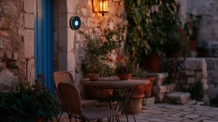 Fototapeta premium Cozy Outdoor Space with Table and Lantern Light