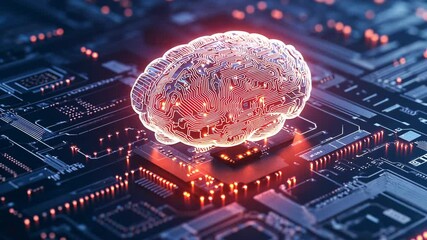 A glowing brain sits on a computer chip, representing the future of artificial intelligence