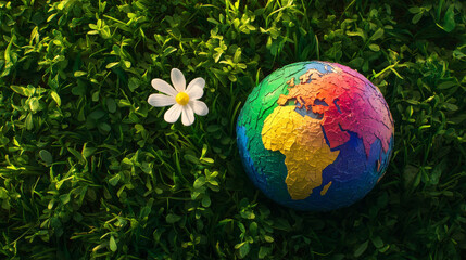 vibrant globe painted in variety of colors rests on green grass beside white flower, symbolizing nature and diversity
