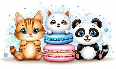 Adorable cartoon animals sitting with colorful macarons a cute and whimsical illustration of a cat kitten and panda with delightful treats