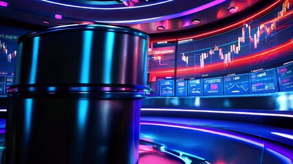 Black oil barrel in futuristic control room with stock market information on screen. - Powered by Adobe