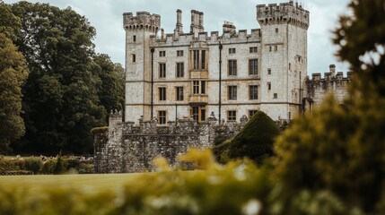 Naklejka premium Artistic white backdrop with Leeds Castle architecture, highlighting the grandeur and elegance of its castle building