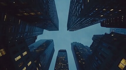 Urban Canyon View from Ground Level at Dusk