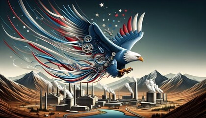 A powerful visual of a bald eagle soaring over factories and workshops, symbolizing freedom and strength in production. The eagle&rsquo;s wings are adorned with tools.