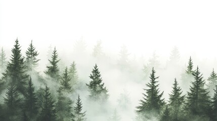 Artistic white background featuring a misty evergreen forest, showcasing the peaceful ambiance of the lush trees shrouded in gentle fog