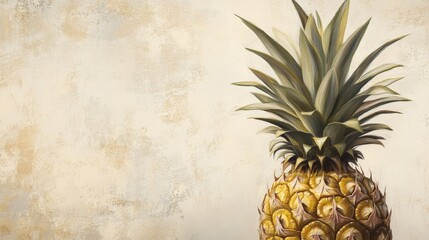 Artistic white background featuring a pineapple fruit with its golden-yellow skin and green crown, capturing the plant fresh and appealing food qualities