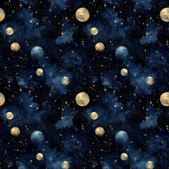 Gold and Dark Blue Galaxy Watercolor Seamless Pattern