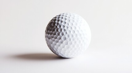 Artistic white background showcasing an isolated white dimpled golf ball, emphasizing its classic design and detailed surface