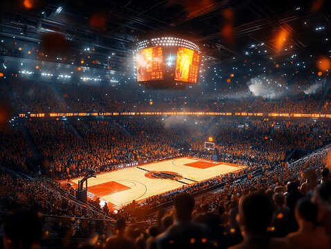 A basketball court with a large crowd cheering, illuminated by spotlights with confetti falling from the ceiling. - Powered by Adobe