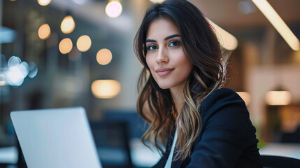 Business Enthusiasm: A young businesswoman enjoying her work, suggesting passion and dedication.