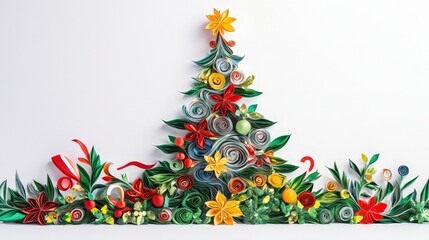 Artistic white background with a Christmas tree made from holiday paper, focusing on the intricate patterns and cheerful decorations